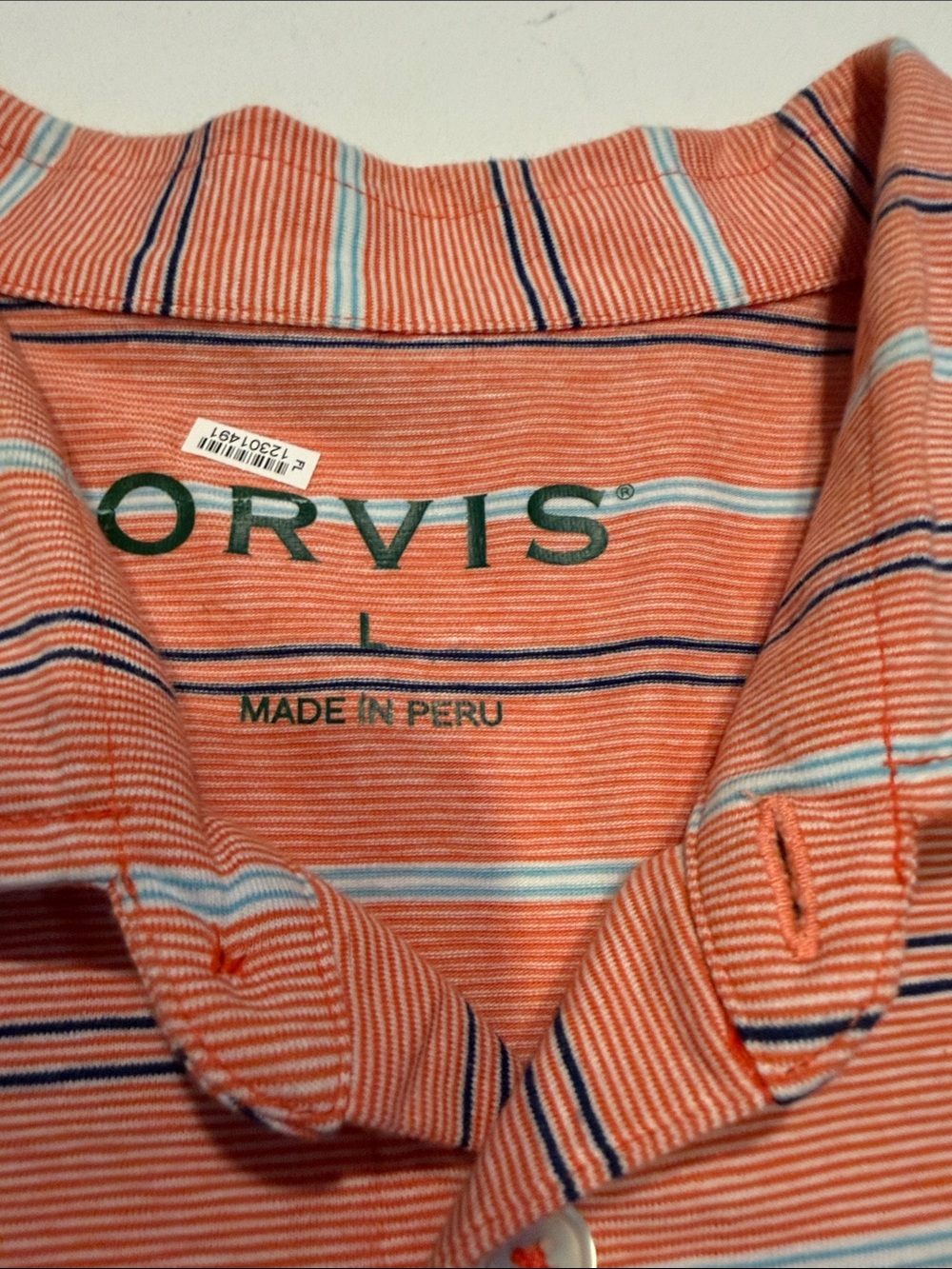 Orvis Coral Striped Polo with Navy & White Accents - Picture 2 of 5